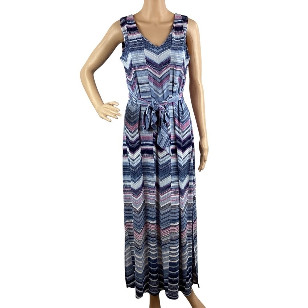 Chico's Cool-Toned Chevron Striped Maxi Dress Size M Blue